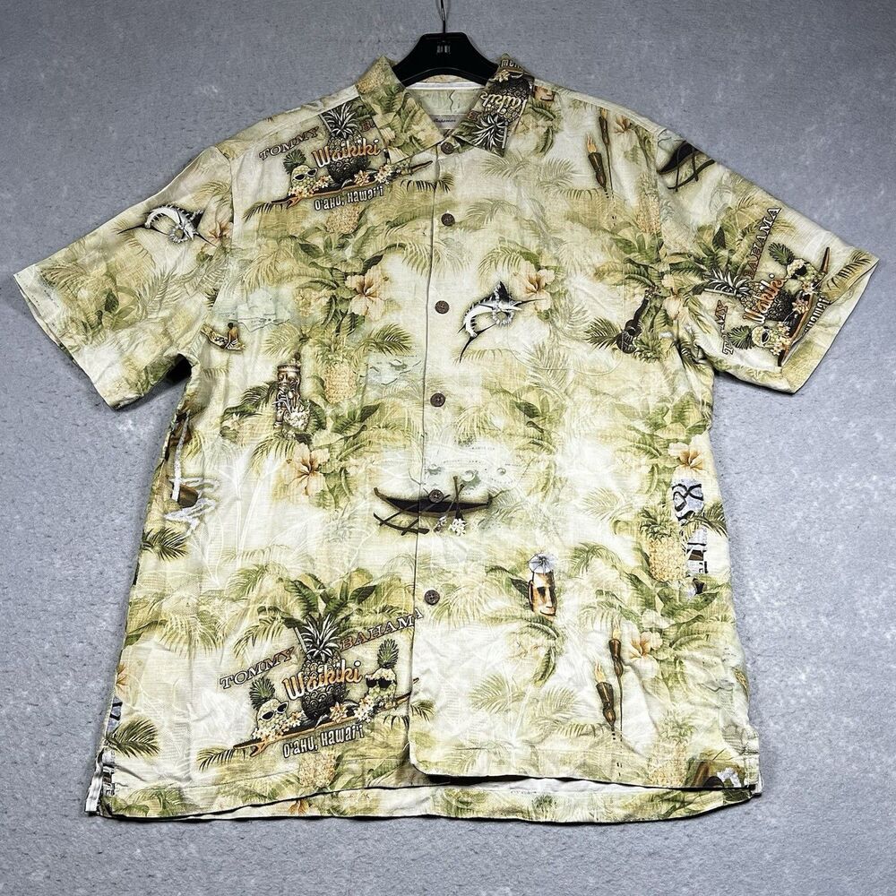 Tommy Bahama Shirt Men L Large Multicolored Hawaii Print Button Up Collared Silk
